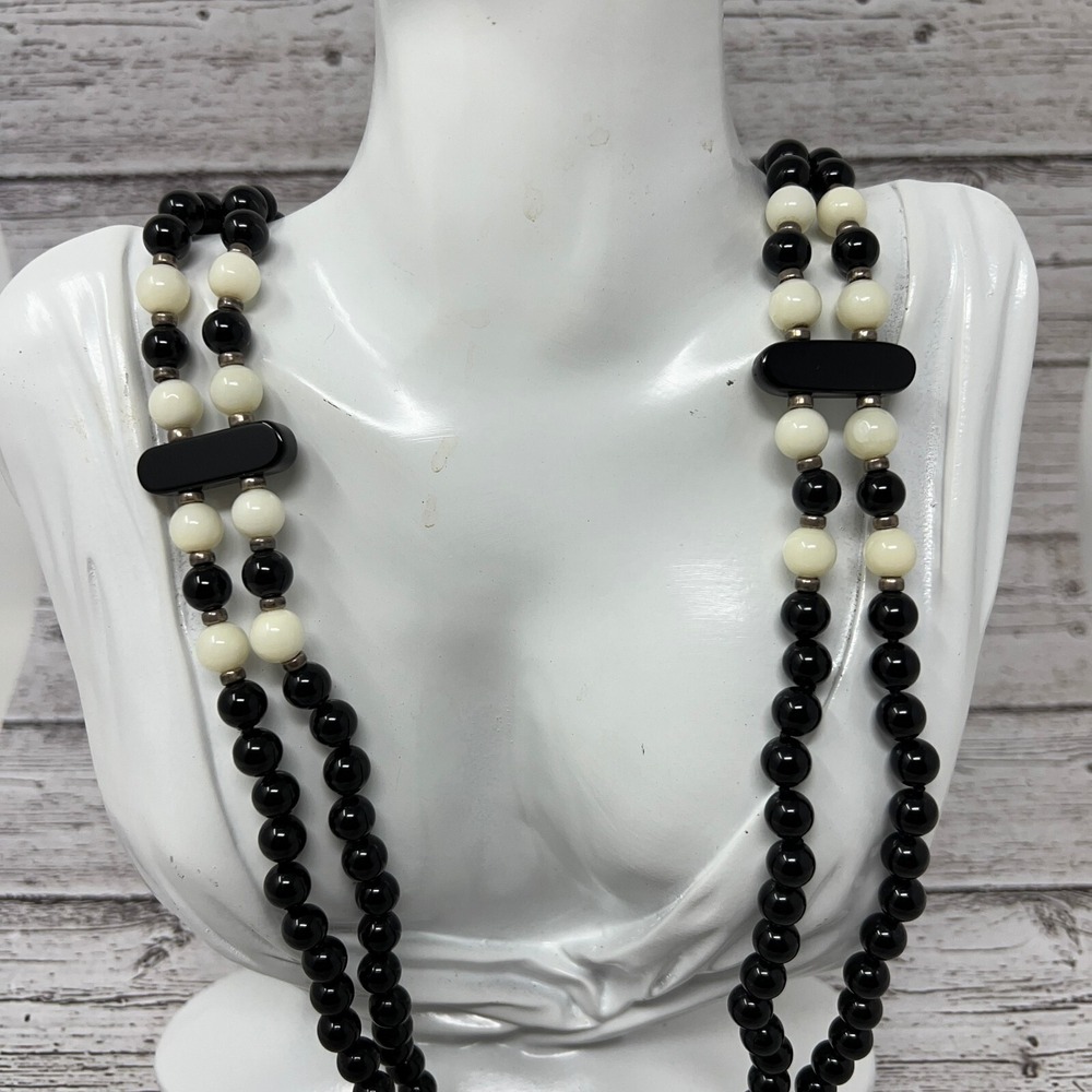 Vintage Glass Beaded Necklace Black and White Classic Two Strand